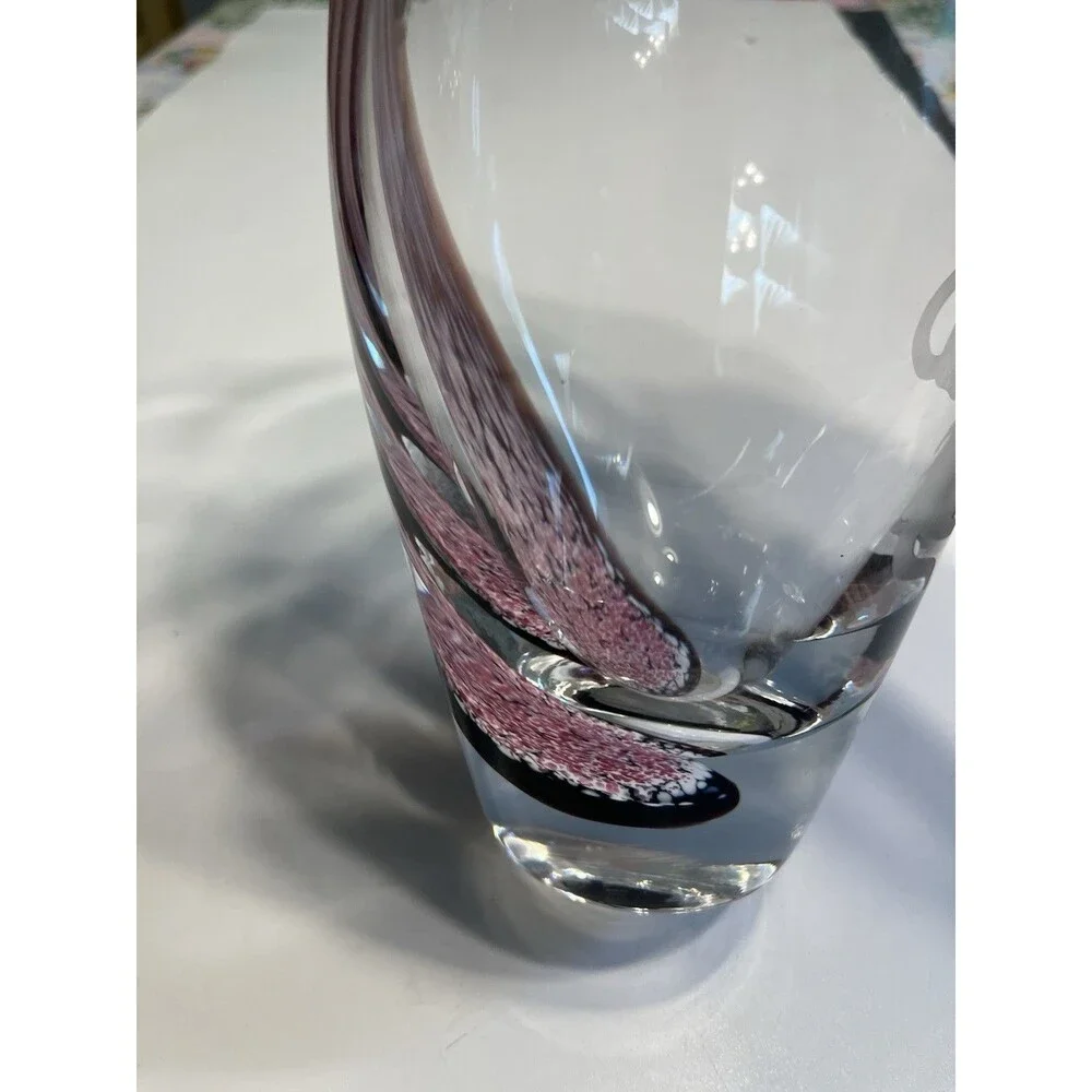 RARE!! Lenox Art Glass Etched Frosted Kitten Cats Pink Swirl 8” Vase Scotland